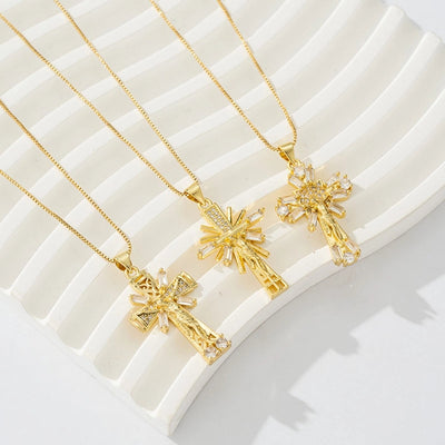 Copper box chain 18K Gold Plated Inlay Carving Cross Zircon Pendant Necklace