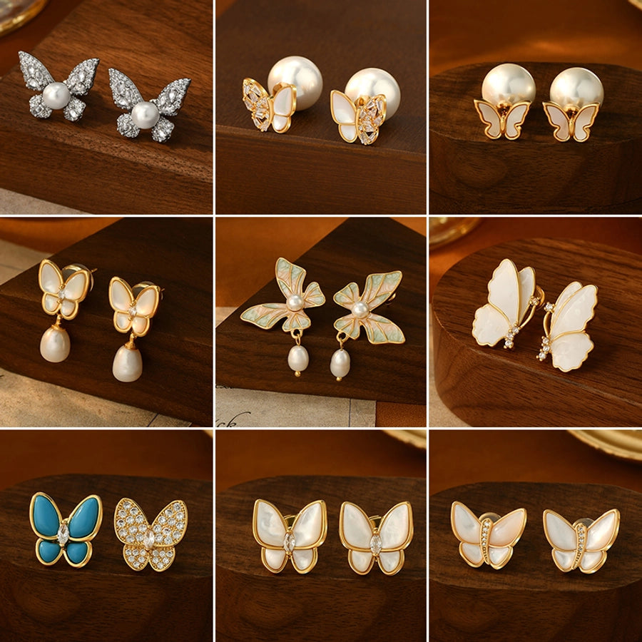 1 Pair Sweet Simple Style Butterfly Inlay Copper Shell Zircon 18K Gold Plated Ear Studs