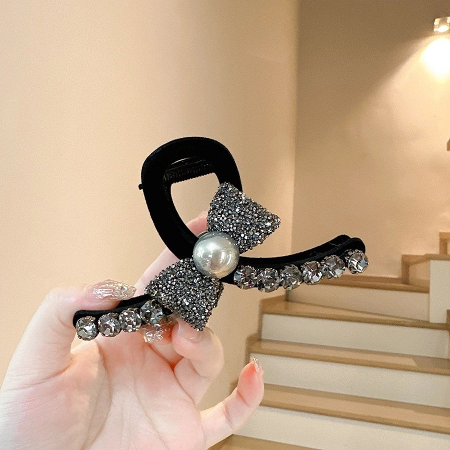 High-Grade Full Diamond Bow Hair Accessories Barrettes Women's Back Head Grip  Former Red Style Flocking Large Size Shark Clip