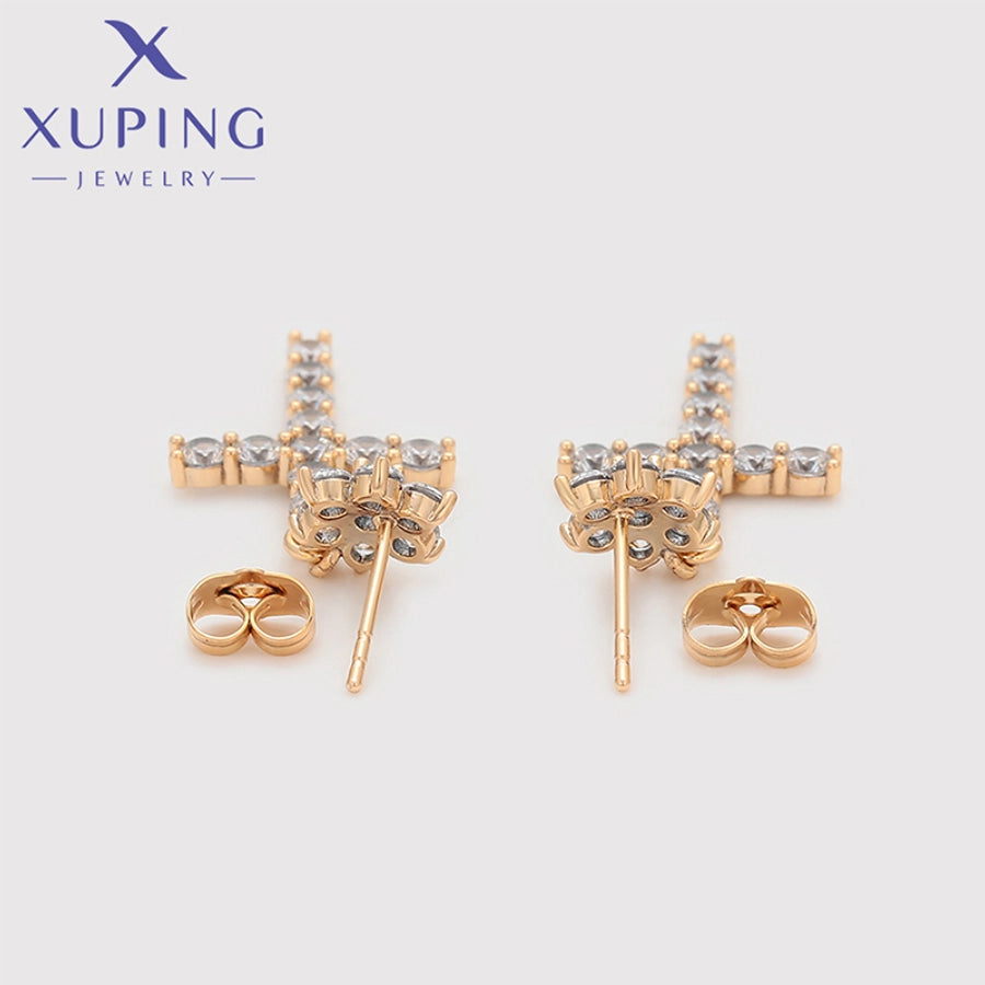 1 Pair XUPING Simple Style Shiny Cross Flower Inlay Copper Artificial Gemstones 18K Gold Plated Drop Earrings