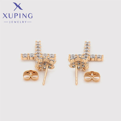 1 Pair XUPING Simple Style Shiny Cross Flower Inlay Copper Artificial Gemstones 18K Gold Plated Drop Earrings