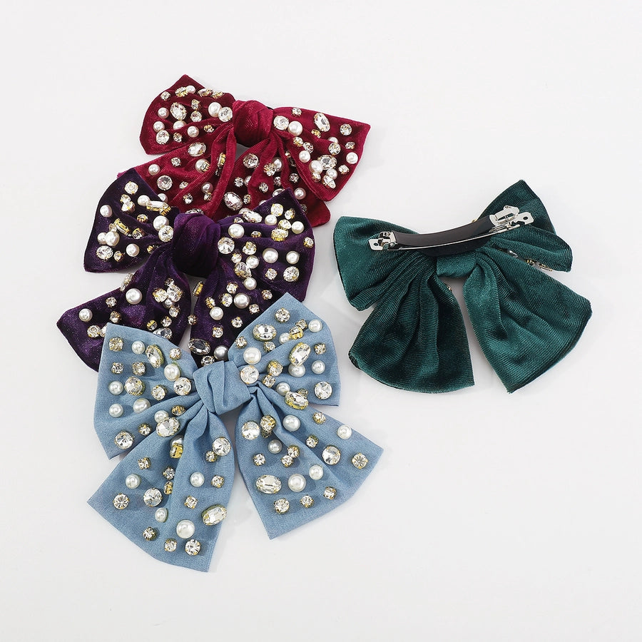 fashion bow knot alloy corduroy inlay artificial pearls rhinestones hair clip 1 piece