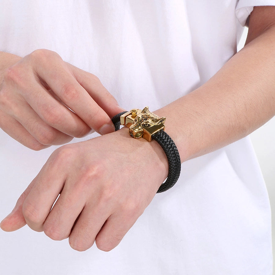 Business Lion's head Wolf Head Skull 304 Stainless Steel Leather 18K Gold Plated Men's Bracelets