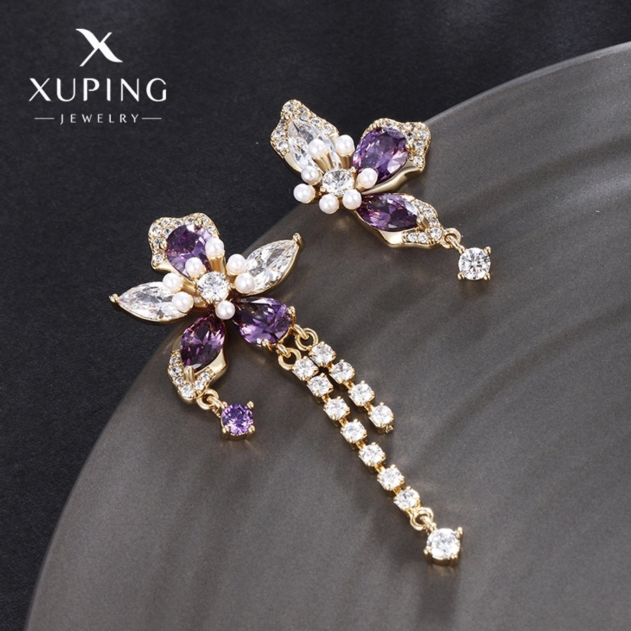 1 Pair Luxurious Sweet Tassel Flower Plating Copper Artificial Gemstones 18K Gold Plated Drop Earrings