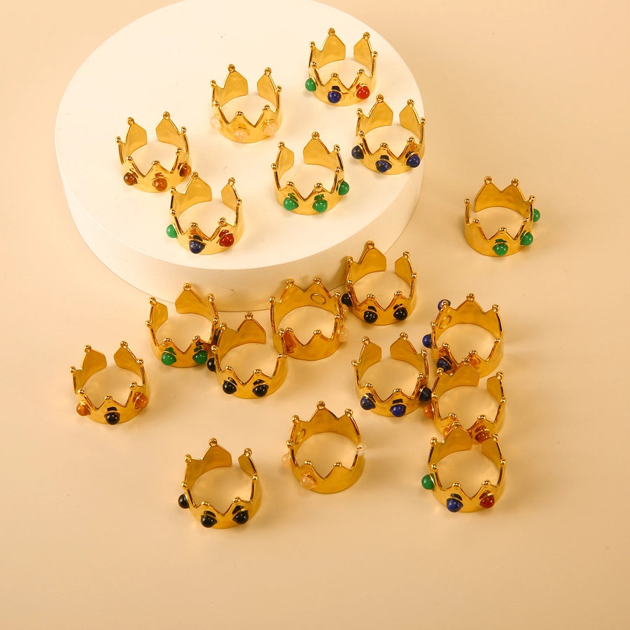 Jewelry Elegant Classic Style Crown 304 Stainless Steel Natural Stone Inlay Open Rings