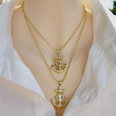 Copper 18K Gold Plated Inlay Anchor Zircon Pendant Necklace