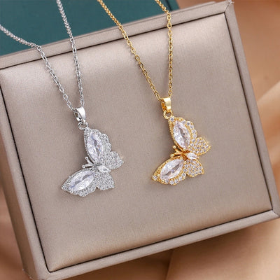 Jewelry Cute Queen Bridal Butterfly Titanium Steel Zircon 18K Gold Plated Inlay Pendant Necklace