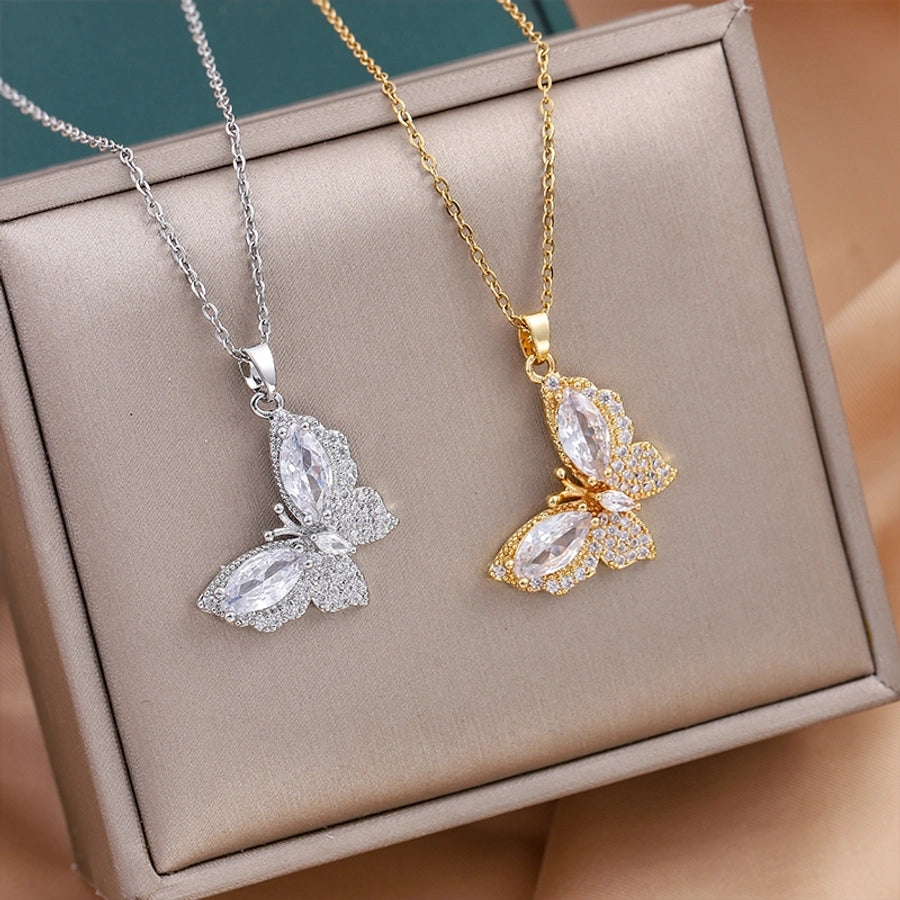 Jewelry Cute Queen Bridal Butterfly Titanium Steel Zircon 18K Gold Plated Inlay Pendant Necklace