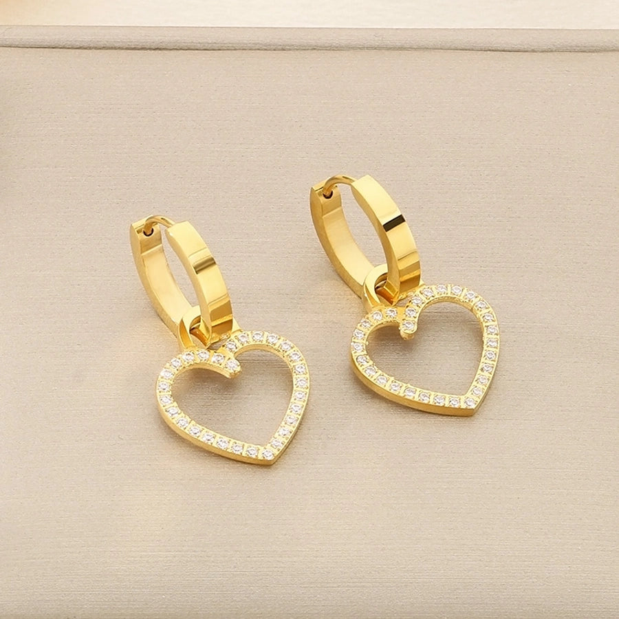 1 Pair Vintage Style Square Heart Shape Hollow Out Inlay 304 Stainless Steel Pearl Zircon 18K Gold Plated Earrings