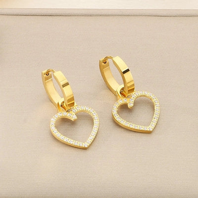 1 Pair Vintage Style Square Heart Shape Hollow Out Inlay 304 Stainless Steel Pearl Zircon 18K Gold Plated Earrings