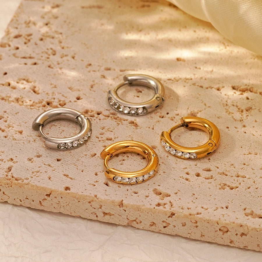 1 Pair Simple Style Solid Color Plating Inlay 304 Stainless Steel Zircon 18K Gold Plated Earrings