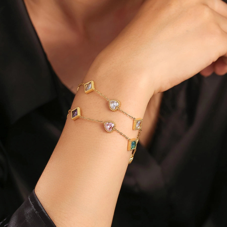 Preppy Style Commute Shiny Square Heart Shape Titanium Steel 18K Gold Plated Zircon Bracelets In Bulk