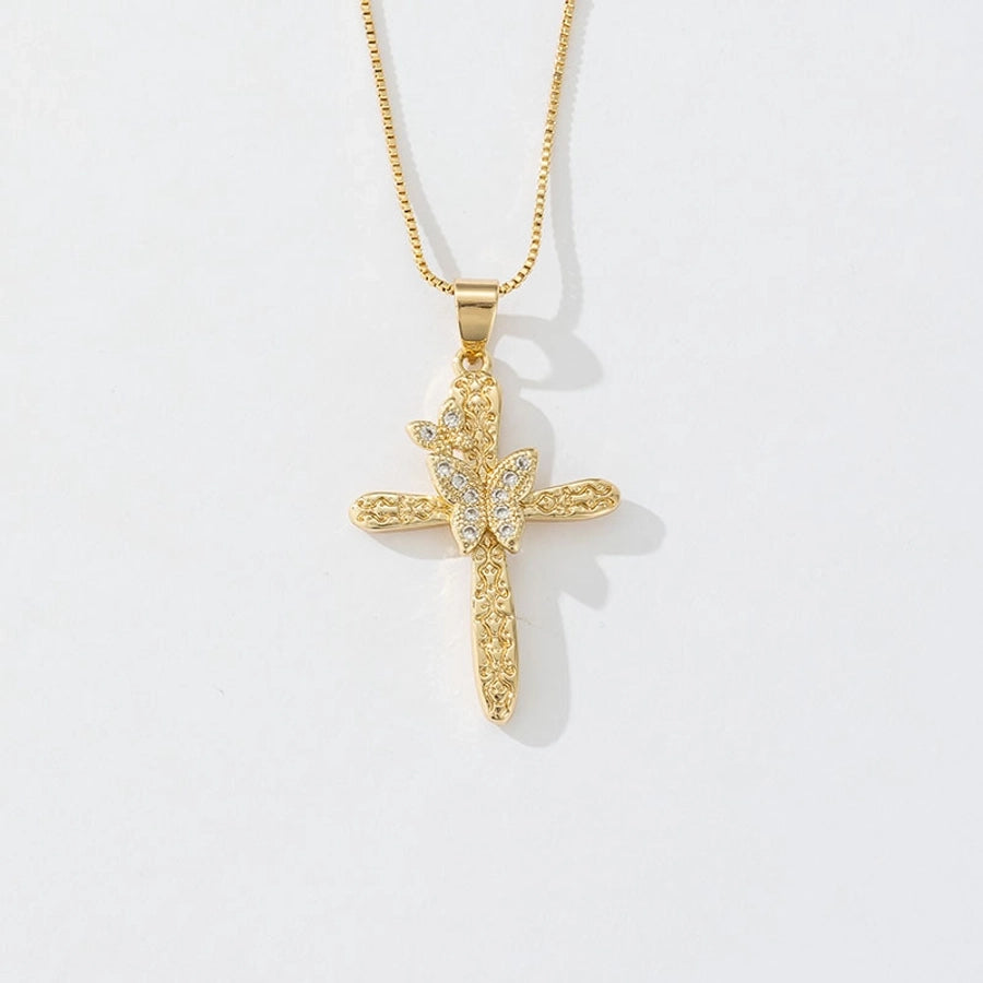 Copper box chain 18K Gold Plated Inlay Carving Cross Butterfly Zircon Pendant Necklace