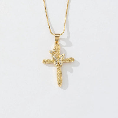 Copper box chain 18K Gold Plated Inlay Carving Cross Butterfly Zircon Pendant Necklace