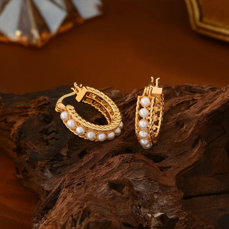 1 Pair Elegant Classical Sweet Circle Inlay Copper Freshwater Pearl Zircon 18K Gold Plated Earrings