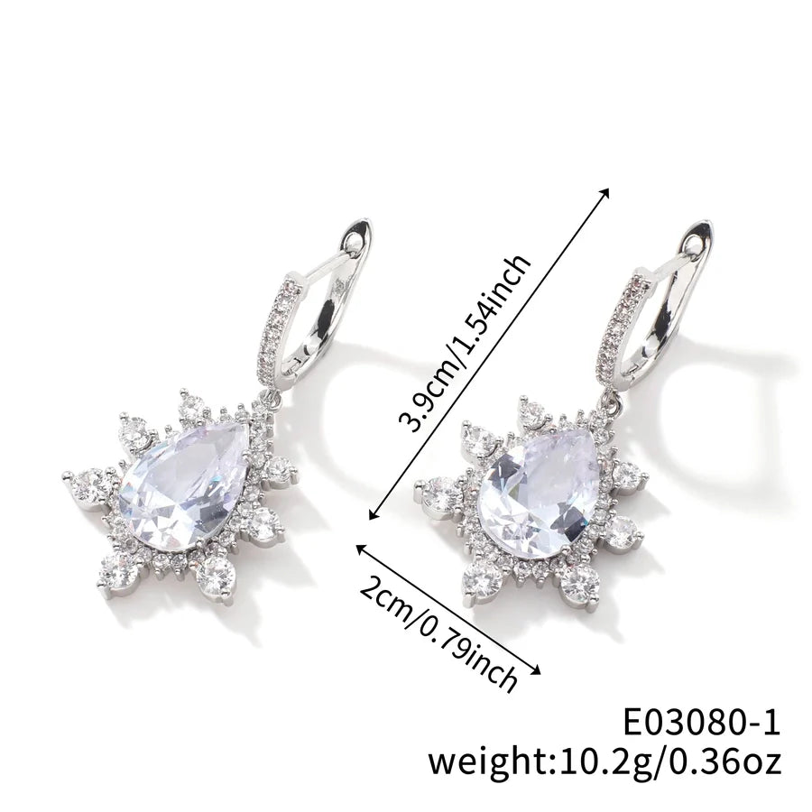 1 Pair Elegant Shiny Korean Style Geometric Water Droplets Flower Inlay Copper Glass Zircon K Gold Plated Rhodium Plated Ear clip