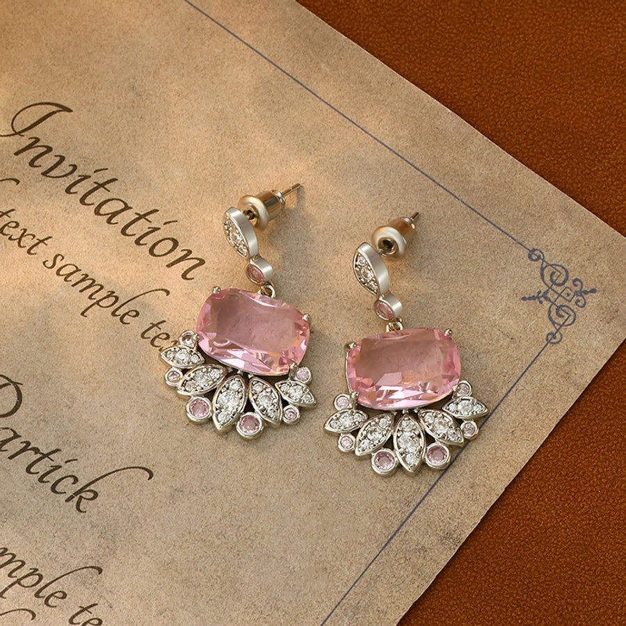 1 Pair Retro French Style Round Heart Shape Copper Zircon 18K Gold Plated Drop Earrings