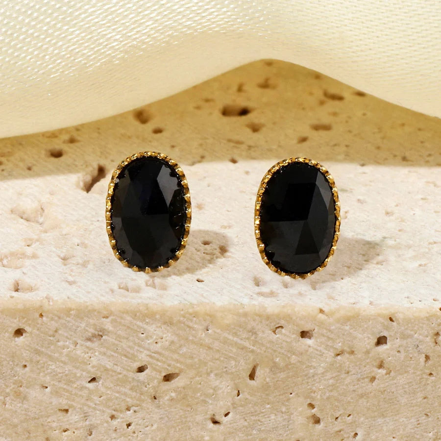 One Pack and Two Pairs Retro French Style Geometric Plating Titanium Steel Natural Stone 14K Gold Plated Ear Studs