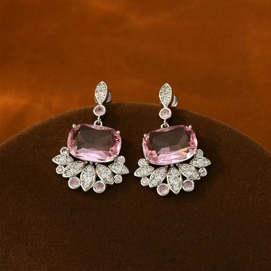 1 Pair Retro French Style Round Heart Shape Copper Zircon 18K Gold Plated Drop Earrings