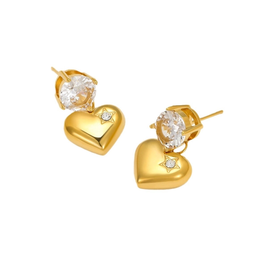1 Pair Retro Sweet Round Heart Shape Inlay 304 Stainless Steel Zircon 18K Gold Plated Drop Earrings
