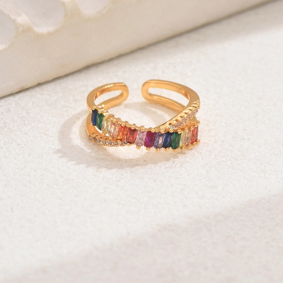 Copper 18K Gold Plated Irregular Inlay Geometric Zircon Open Rings