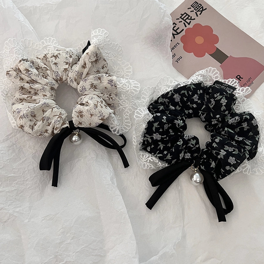 Women's Japanese Style Sweet Flower Cloth Handmade Pearl Lace Hair Tie