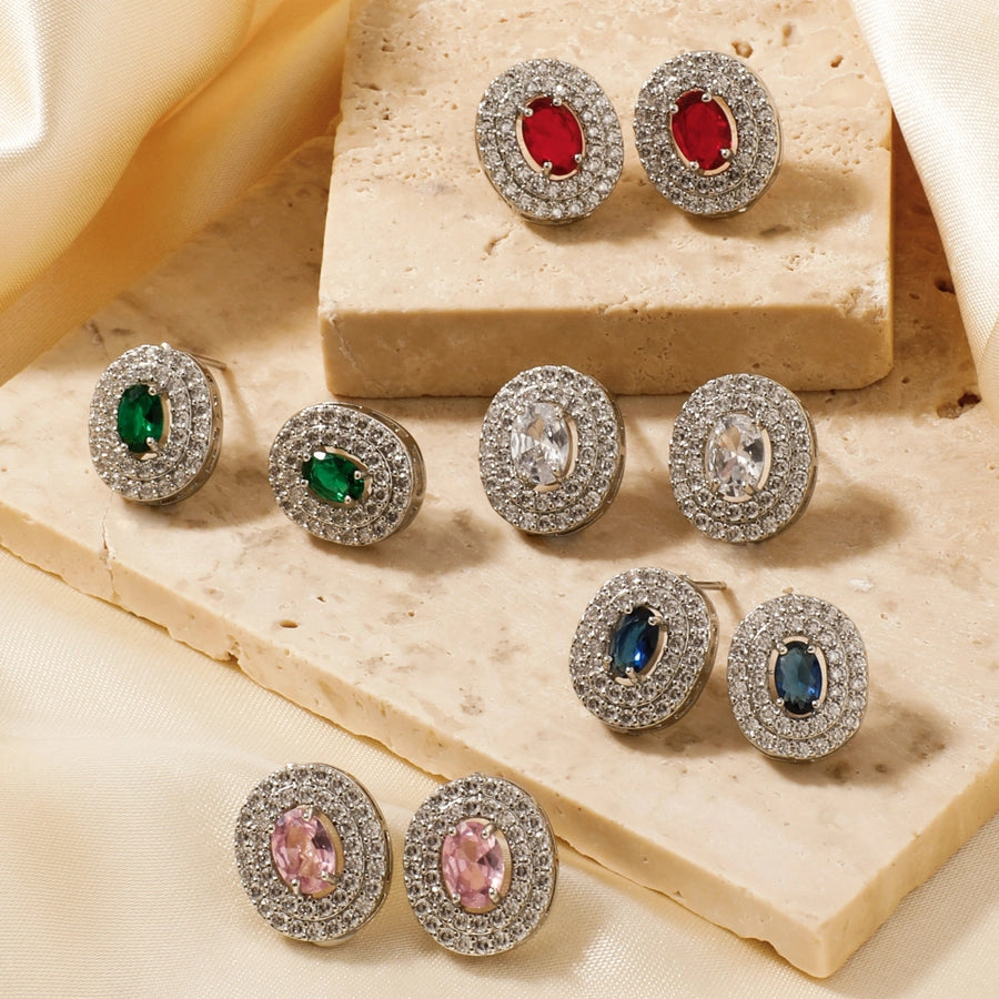 1 Pair Retro Sweet Shiny Oval Inlay Copper Glass Zircon Rhodium Plated Ear Studs