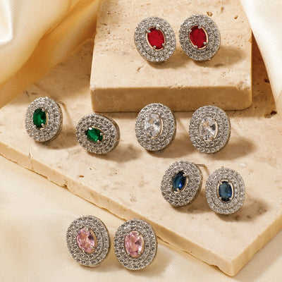 1 Pair Retro Sweet Shiny Oval Inlay Copper Glass Zircon Rhodium Plated Ear Studs