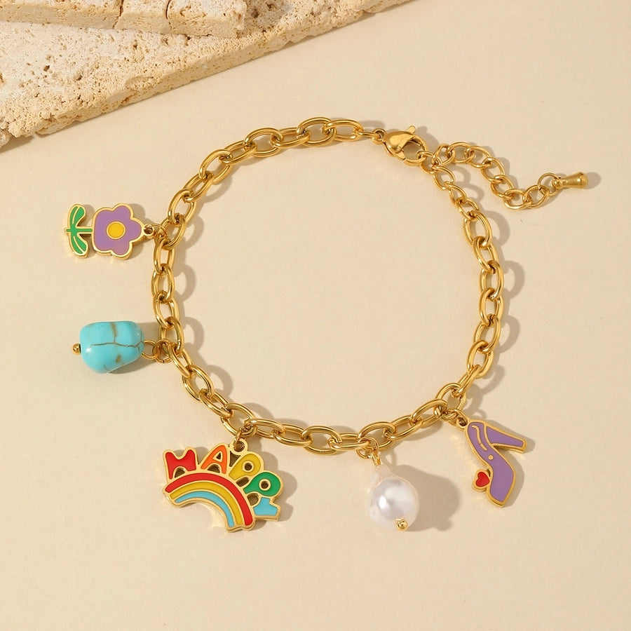 Jewelry Cute Sweet Letter Rainbow Flower 304 Stainless Steel Imitation Pearl Turquoise 18K Gold Plated Enamel Plating Inlay Multi Charms Bracelet Multi Charms Necklace Earrings