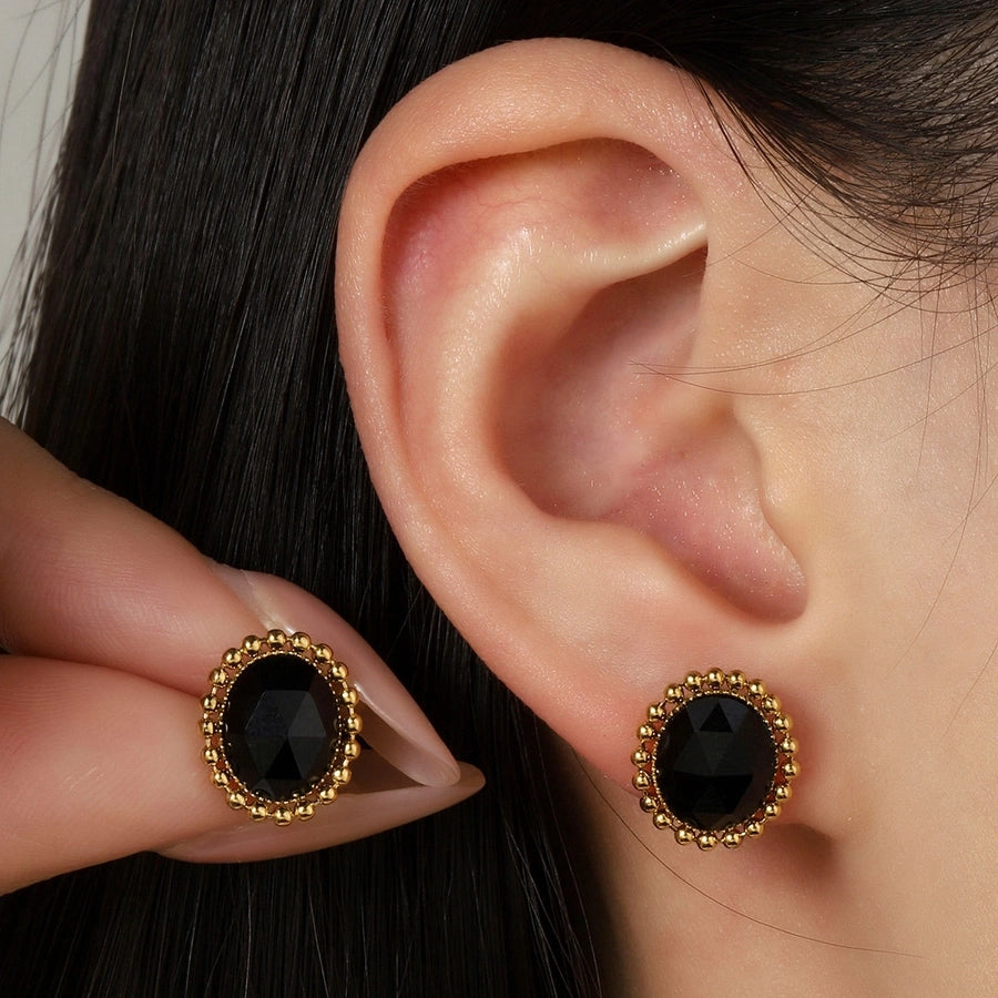 One Pack and Two Pairs Retro French Style Geometric Plating Titanium Steel Natural Stone 14K Gold Plated Ear Studs