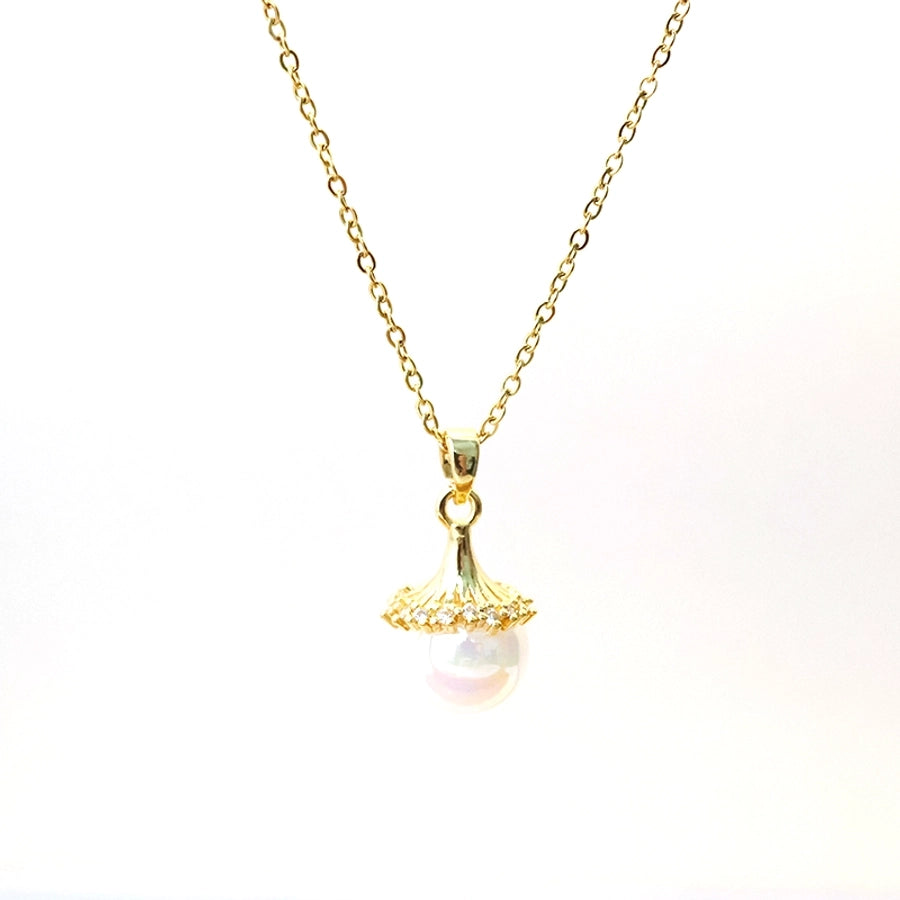 304 Stainless Steel Copper 18K Gold Plated Plating Inlay Round Artificial Pearls Pendant Necklace