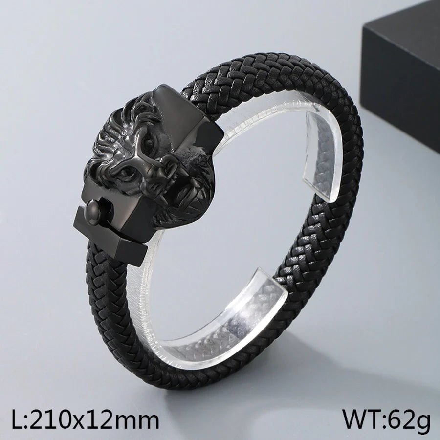 Business Lion's head Wolf Head Skull 304 Stainless Steel Leather 18K Gold Plated Men's Bracelets