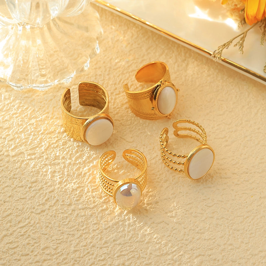 Jewelry Vintage Style Simple Style Commute Oval 304 Stainless Steel Natural Stone Fritillary 14K Gold Plated Plating Hollow Out Stainless Steel Rings