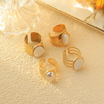 Jewelry Vintage Style Simple Style Commute Oval 304 Stainless Steel Natural Stone Fritillary 14K Gold Plated Plating Hollow Out Stainless Steel Rings