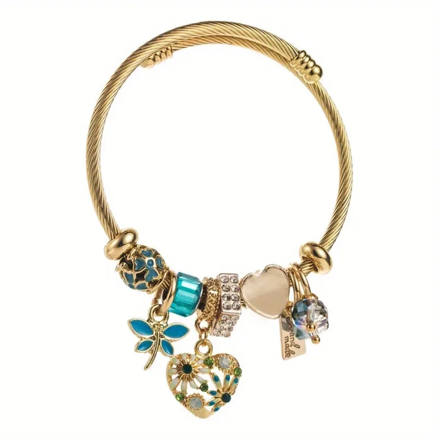 Simple Style Heart Shape Flower Dragonfly 304 Stainless Steel Zinc alloy Rhinestones Bangle In Bulk