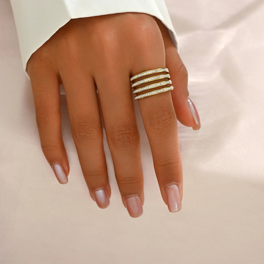 Jewelry Elegant Streetwear Irregular 304 Stainless Steel Rhinestones 14K Gold Plated Polishing Plating Inlay Wide Band Rings Open Rings