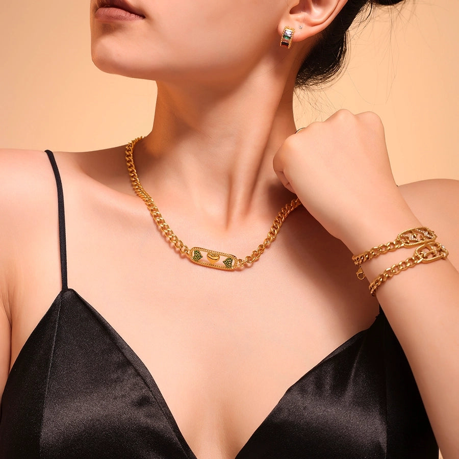 Jewelry Elegant Luxurious Vacation Heart Shape Lightning Titanium Steel Rhinestones 18K Gold Plated Plating Inlay Jewelry Set