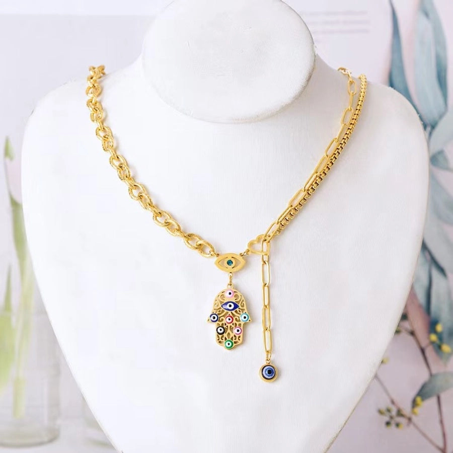 Titanium Steel Palm Eye Drop Oil 18K Gold Plated Bohemian Style Personality Fashion Vintage Necklace Bracelet Earring Set