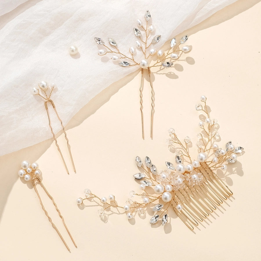 women's elegant glam bridal geometric artificial crystal imitation pearl rhinestone handmade hairpin insert comb