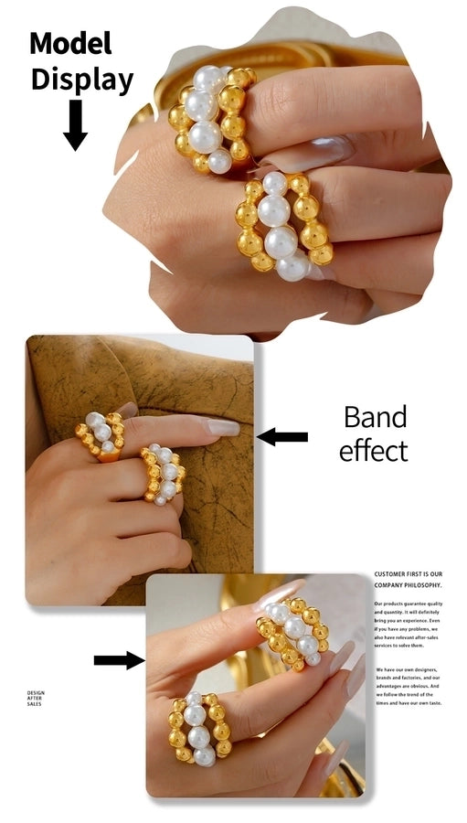 Jewelry Elegant French Style Round 304 Stainless Steel Artificial Pearls 18K Gold Plated Layered Inlay Rings