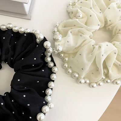 Large Embroidered Pearl Mesh Large Intestine Hair Ring Ponytail Hair String Retro Simple French High-End Hepburn Style Hair Accessories for Women