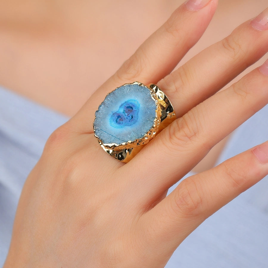 Natural Crystal Copper 14K Gold Plated Inlay Asymmetrical Irregular Crystal Open Rings