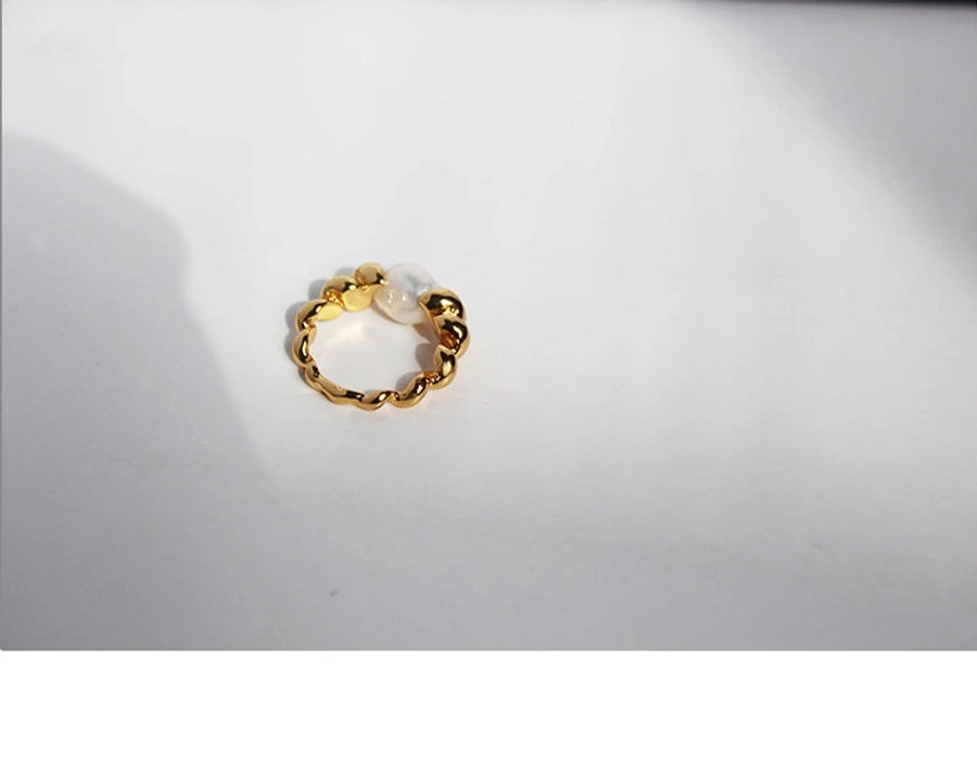 Freshwater Pearl Brass 24K Gold Plated Irregular Spiral Stripe Freshwater Pearl Brass Rings