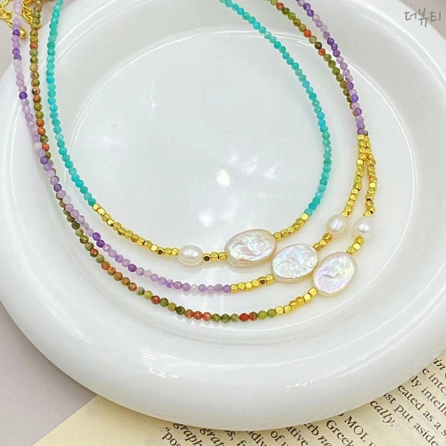 IG Style Geometric natural stone Pearl black gallstone Beaded Chain Necklace In Bulk