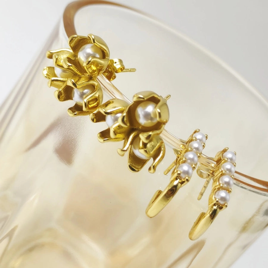 1 Pair Elegant Sweet Pearl Flower 304 Stainless Steel 18K Gold Plated Ear Studs