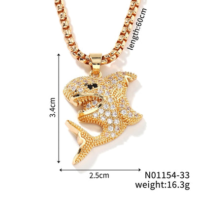 Hip-Hop Rock Shiny Shark 304 Stainless Steel Copper Inlay Zircon K Gold Plated Unisex Pendant Necklace
