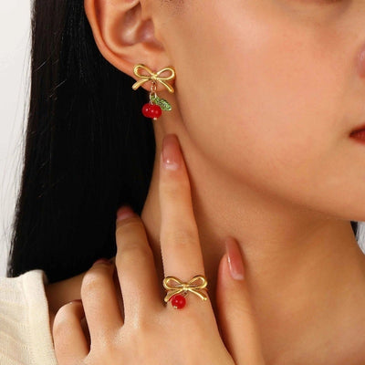 Jewelry Sweet Simple Style Cherry Bow Knot 304 Stainless Steel Rings Earrings