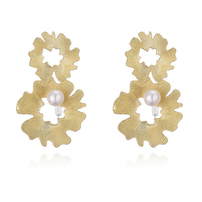 French Retro Copper Plating 18K Gold Inlaid Pearl Jasmine Flower Rings Ear Studs Special-Interest Design Striped Wing-Shaped Earrings