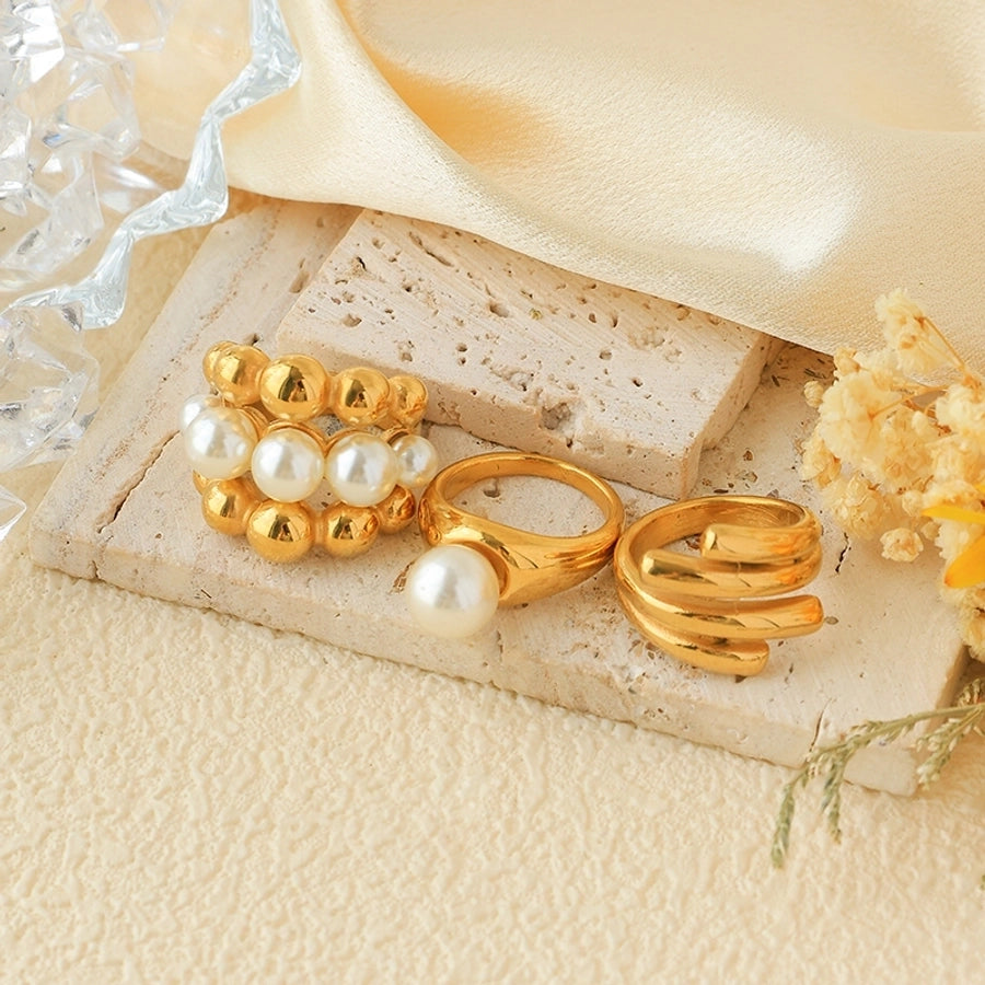 Jewelry Simple Style Classic Style Commute Geometric 304 Stainless Steel Pearl 14K Gold Plated Inlay Rings