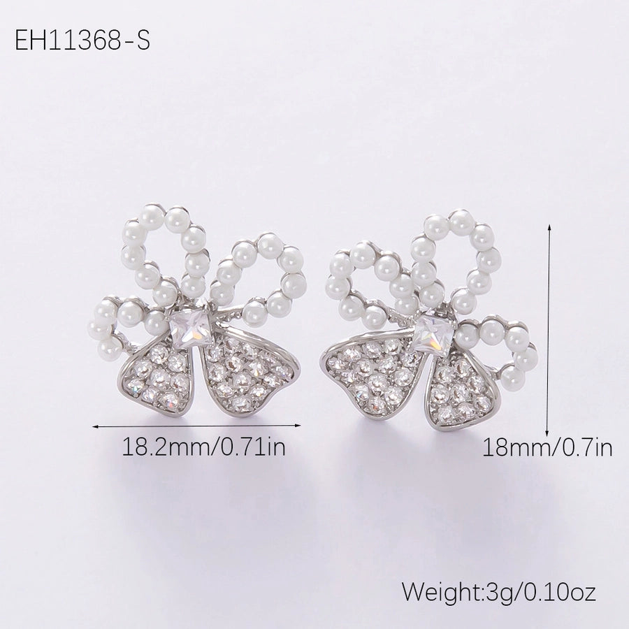 1 Pair Elegant Streetwear Bow Knot Plating Copper Zircon Drop Earrings Ear Studs